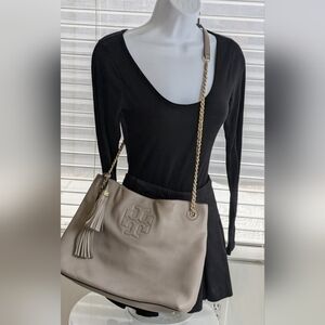 Tori Burch Taupe Shoulder Leather Tote Bag.